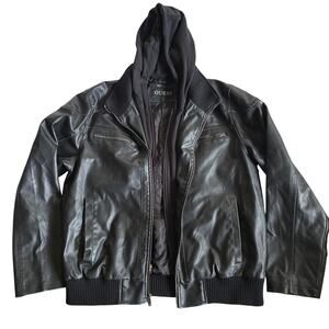 Guess Bomber Jacket Mens XXL Black Faux Leather Hooded Quilted Lining Moto Biker